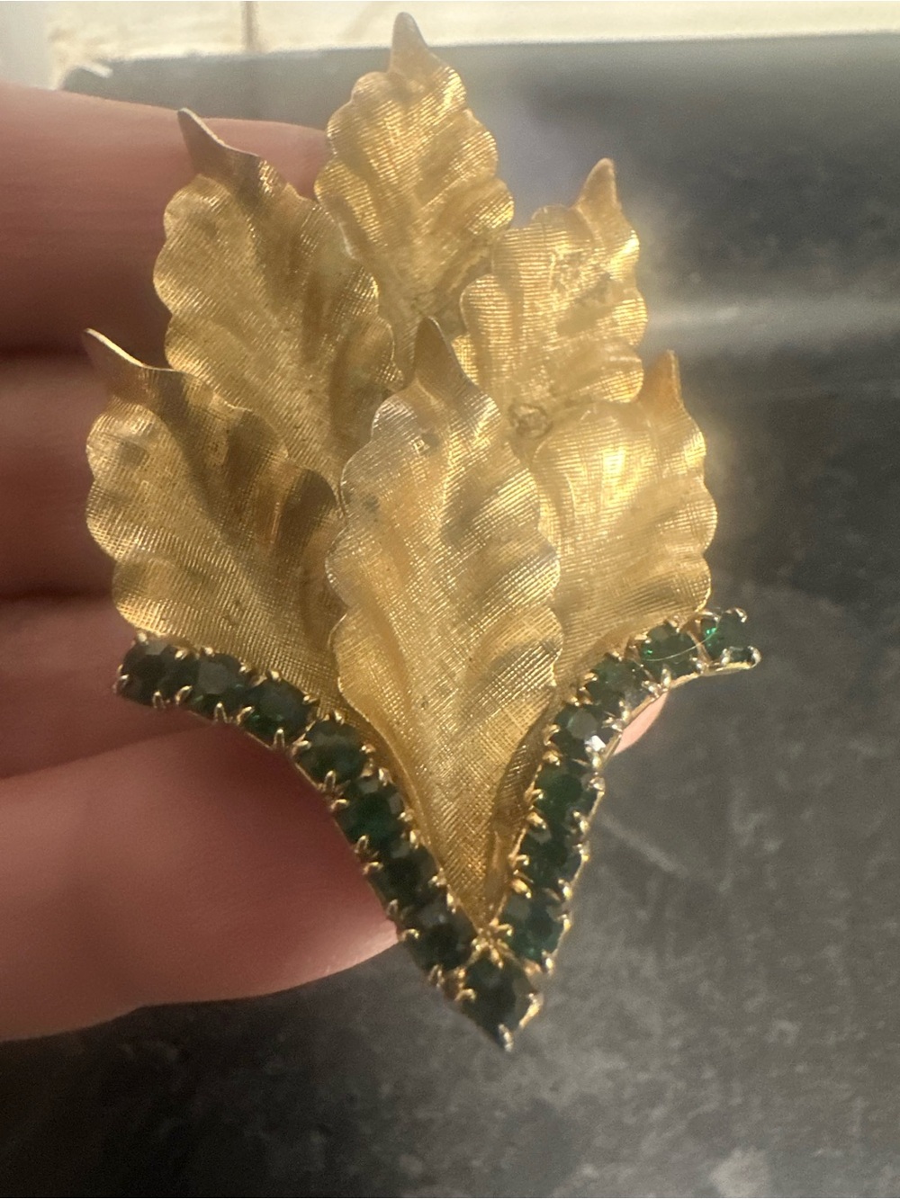 Gold Leaf Brooch with Emerald Green Accents